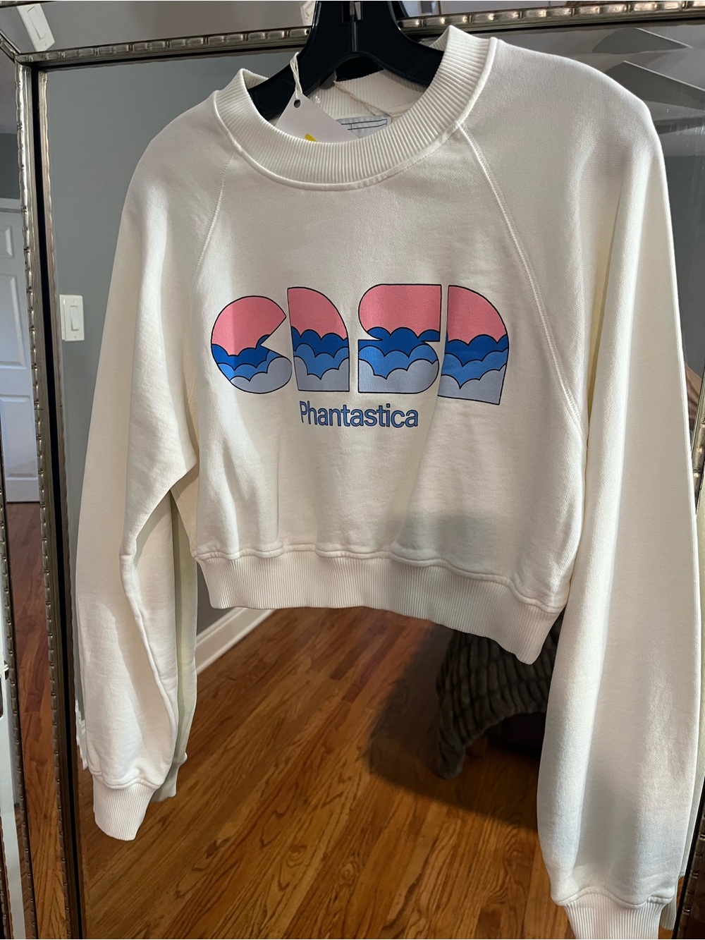 Casablanca Phantastica White Cropped Graphic Sweatshirt with Pink & Blue Logo